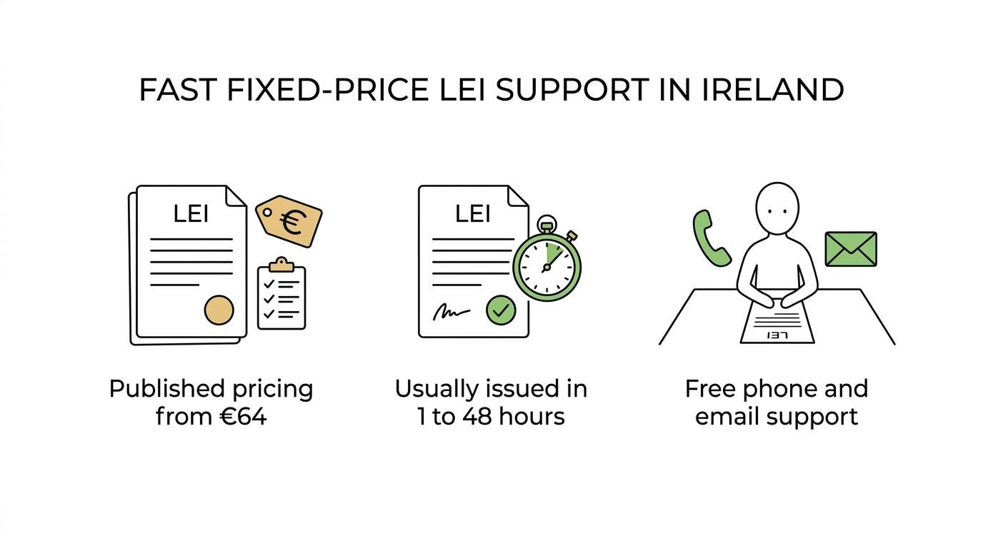 Visual summary of LEI Service benefits for Irish e-money institutions, including fast issuance, fixed pricing, direct support, multi-year options, and free updates.