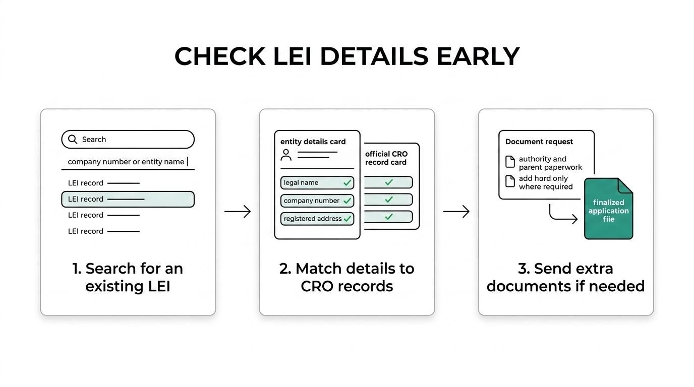 A step-by-step LEI validation flow showing duplicate LEI check, CRO record matching, authority and parent document review, and successful submission.
