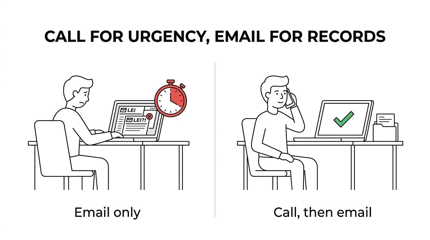 Side-by-side comparison of phone and email LEI support, showing when each is most useful.