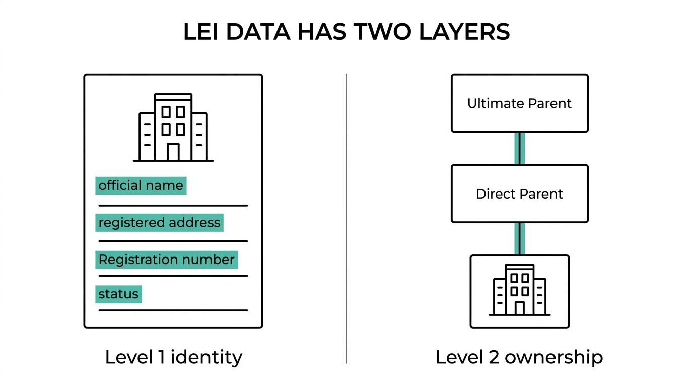 Side-by-side overview of Level 1 LEI identity data and Level 2 parent ownership data.