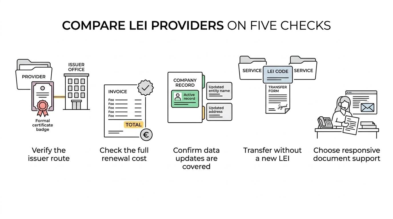 Five labeled tiles showing the main LEI provider checks: accreditation chain, full price, data updates, transfer handling, and support.