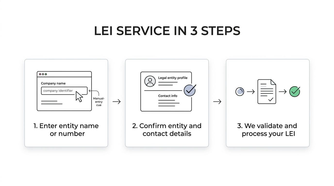 Three-step LEI application process showing entity lookup, detail confirmation, and validation leading to issuance, renewal, or transfer.