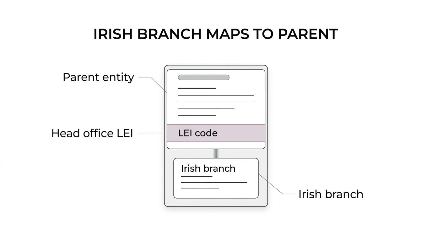 Diagram linking an overseas head office LEI, an Irish branch, CRO registration details, and GLEIF reference data.