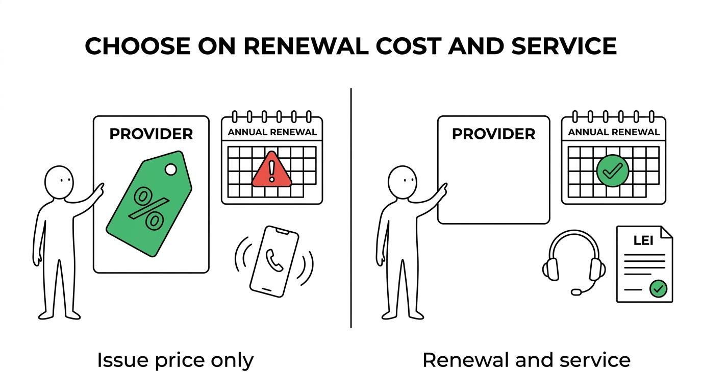 Comparison of LEI Service, GS1 Ireland, and Euronext Direct showing initial price, renewal price, transfer terms, and support notes.