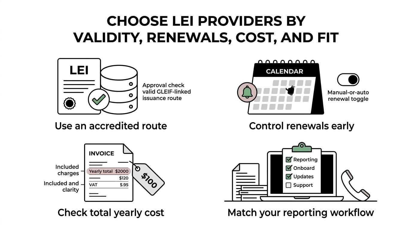 Four labeled LEI provider criteria for Irish payment firms: GLEIF-linked accreditation, renewal handling, pricing, and workflow fit.