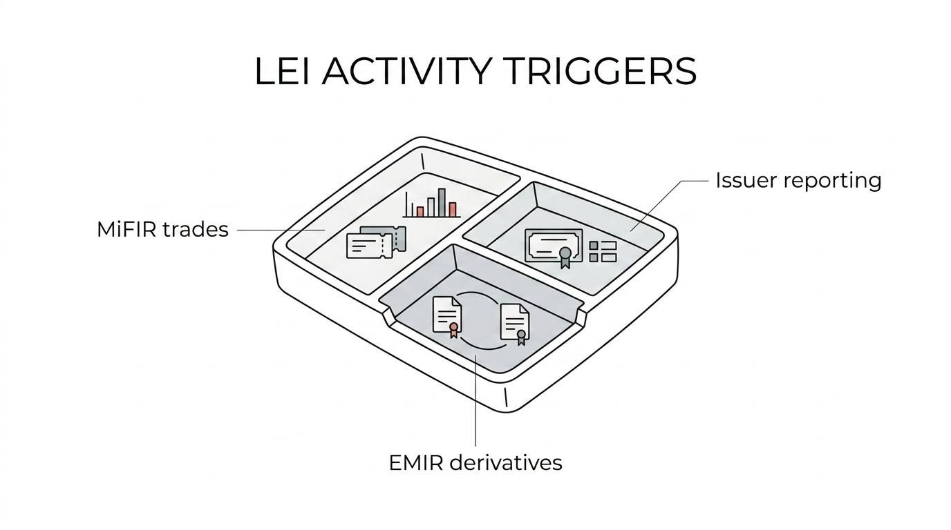 Diagram showing LEI requirement in Ireland linked to key triggers such as MiFIR trades, EMIR derivatives, issuer reporting, fund operations, Section 110 SPV reporting, and charity treasury activity.