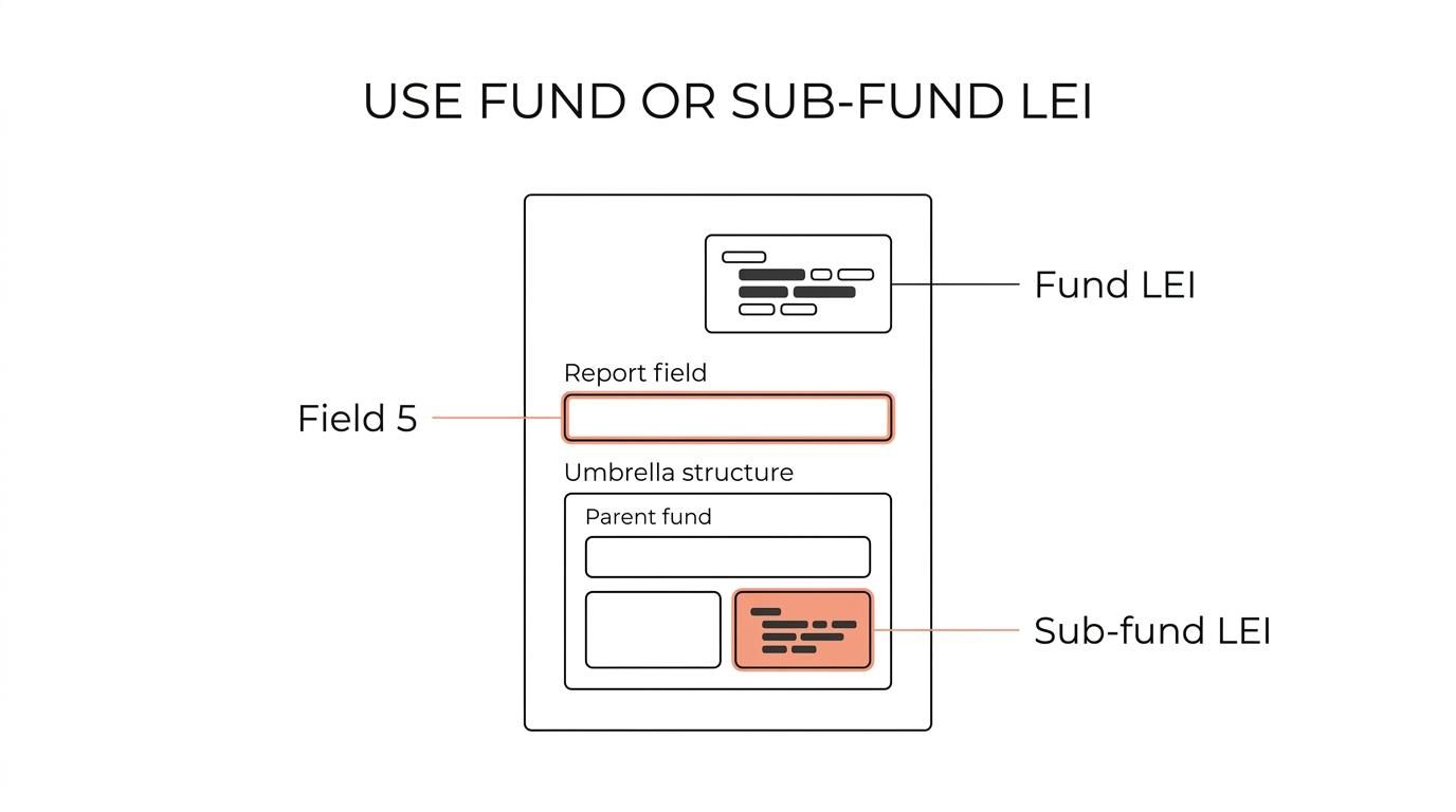 Diagram of an Irish fund structure showing an AIFM, a fund, umbrella fund and sub-funds, with callouts indicating which LEI should be reported.