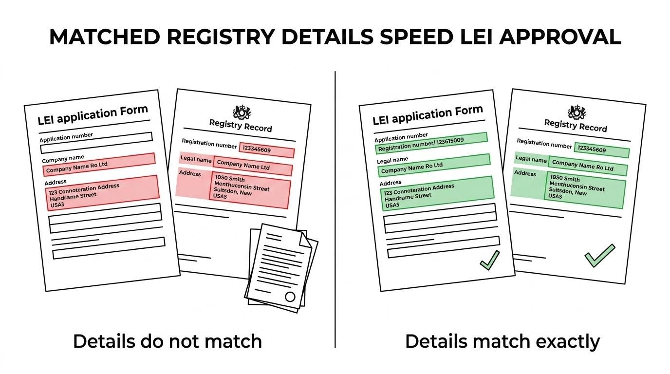 Side-by-side comparison of an Irish LEI application that matches public registry details versus one with mismatched name, address, and authority requiring extra documents.