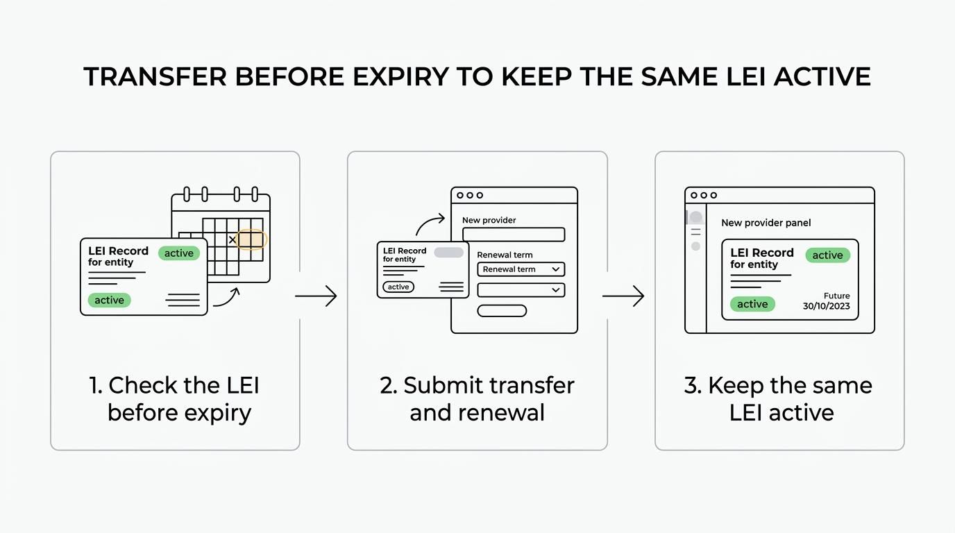 A four-stage LEI transfer flow showing record check, transfer order, provider validation, and renewal completed before expiry.