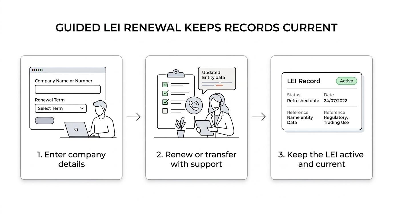 A step-by-step LEI service flow for an Irish UCITS management company, from entering company details and choosing a term to guided validation, renewal, updates, and an active LEI.