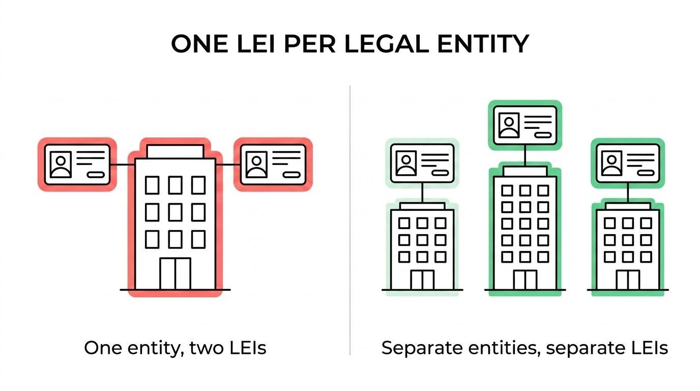 Side-by-side comparison showing one Irish company linked to a single LEI and a corporate group with separate companies each linked to their own LEI.