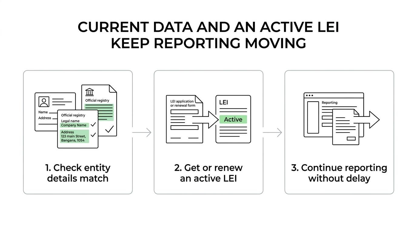 Step-by-step diagram showing CRO data check, LEI registration or renewal, active LEI status, and EMIR reporting continuing without delay.