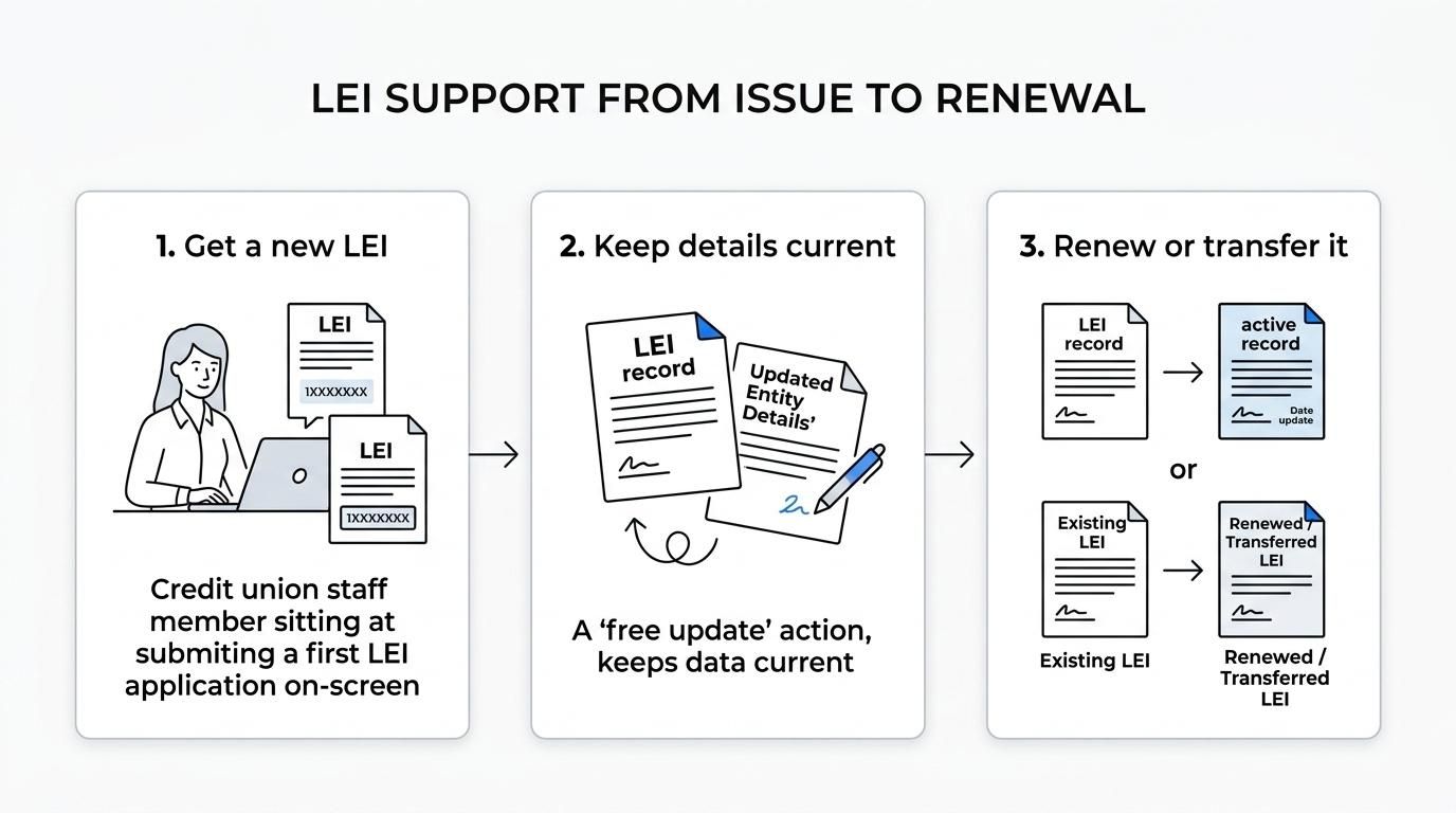 Flow diagram showing an Irish credit union LEI journey from reporting need to application or transfer, issuance within 1 to 48 hours, and ongoing renewal and data updates.