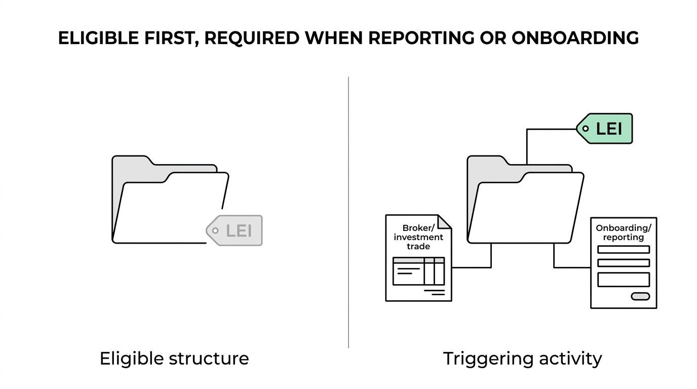 Side-by-side comparison showing LEI eligibility for Irish trusts and partnerships versus the reporting or onboarding activities that trigger LEI use.
