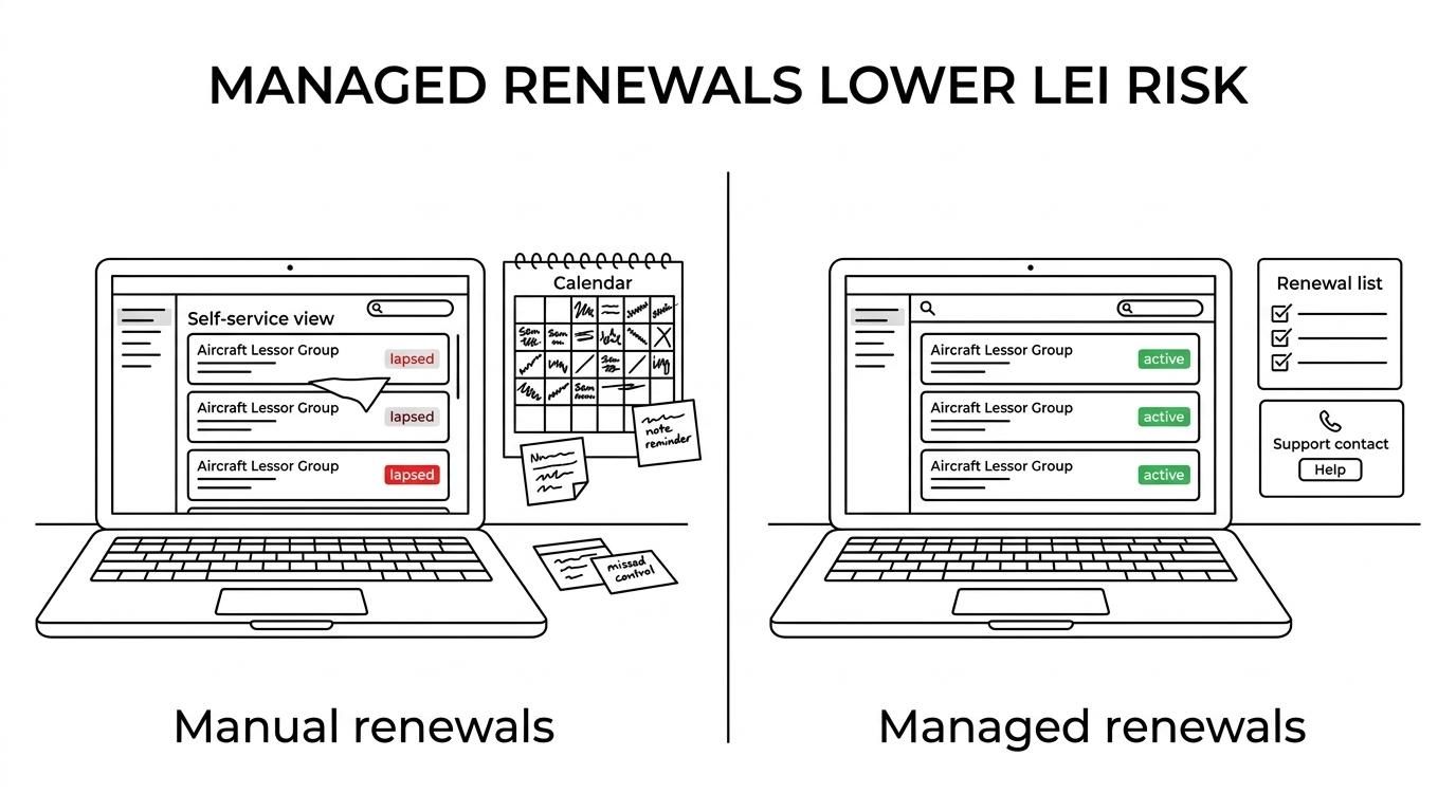Side-by-side comparison of a direct LEI issuer and a registration agent across verification, renewals, support, and transfer handling.