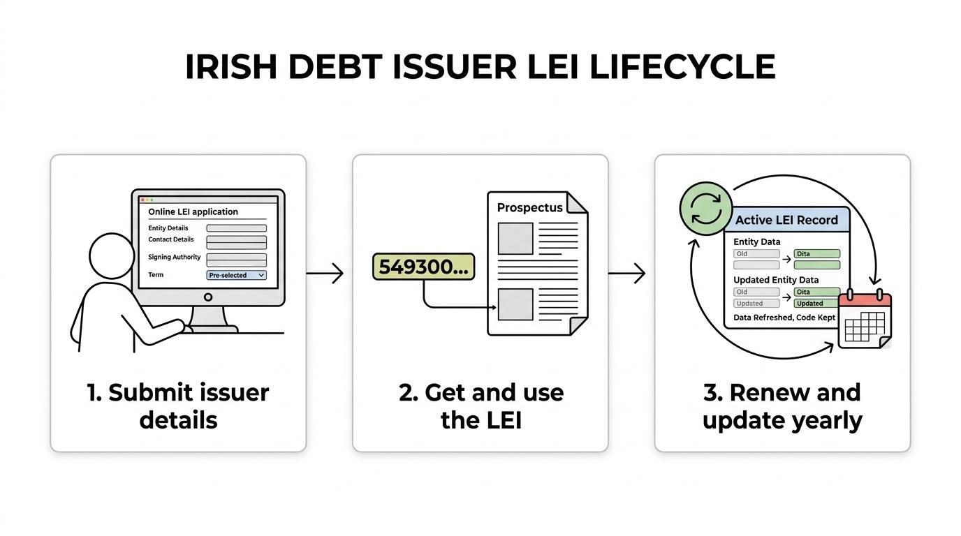 A step-by-step flow showing LEI application, verification, issuance within 1 to 48 hours, and annual renewal or multi-year maintenance for an Irish debt issuer.