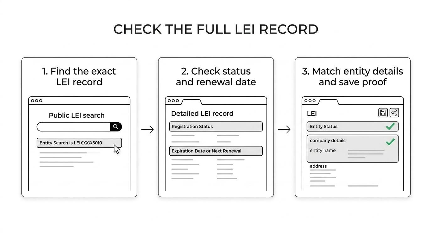 Six-step flow showing how to check an LEI record: search, open the entity record, review registration status, check next renewal date, confirm entity status, and save or share the result.