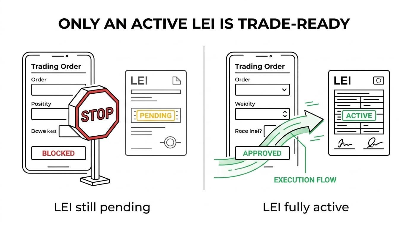 Side-by-side comparison of LEI statuses showing pending, active, lapsed, and other non-active states with their likely effect on regulated trading.