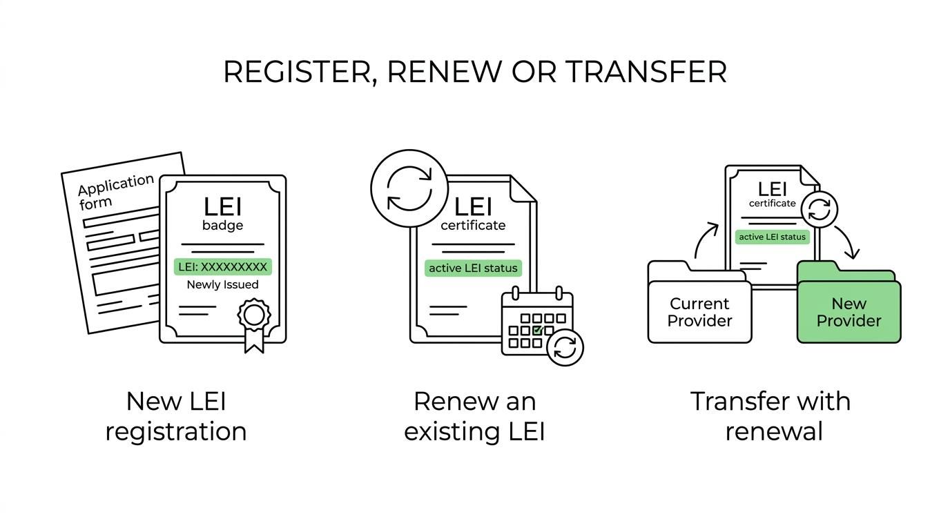 Five labeled panels showing LEI service options: new registration, renewal, transfer with renewal, multi-year plans, and data updates.