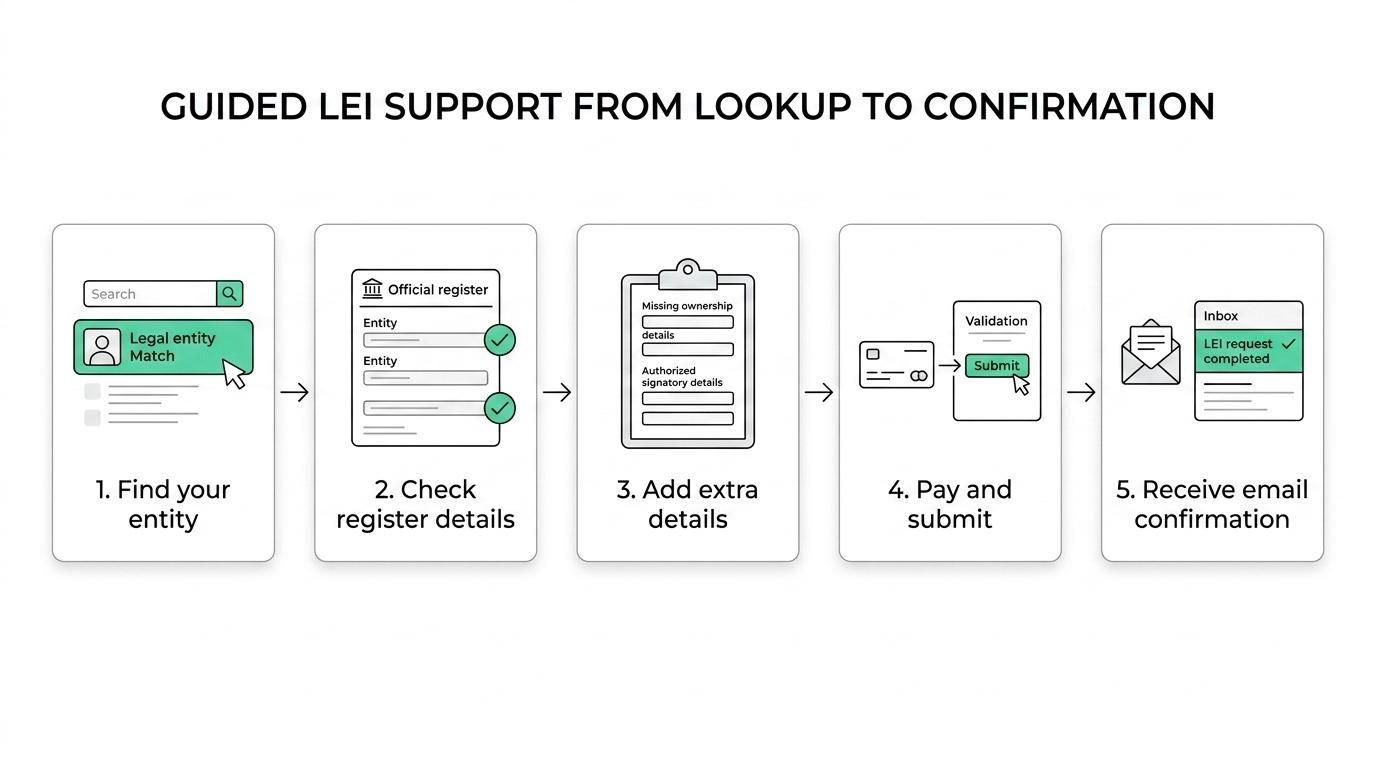Step-by-step LEI support flow showing entity identification, register check, extra details, payment, validation, and email confirmation for new applications, renewals, and transfers.