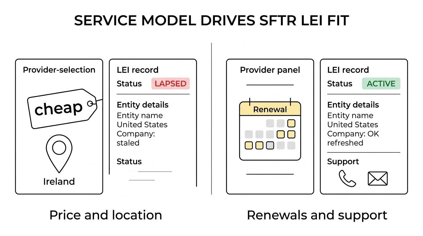 Side-by-side comparison of an accredited LEI issuer and a registration agent, showing differences in issuance, renewals, transfers, support, and customer handling.