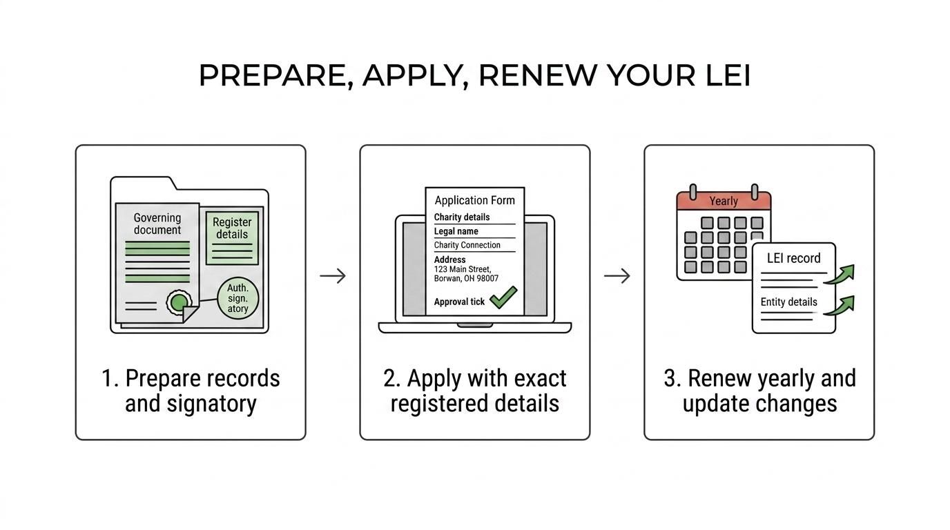 Flow diagram showing the charity LEI path from confirming need and matching official records to gathering documents, proving signatory authority, applying, and renewing annually.