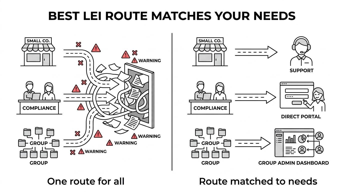 Comparison of direct issuer, registration agent, broker route, and corporate compliance provider options for Irish LEI applications and renewals.