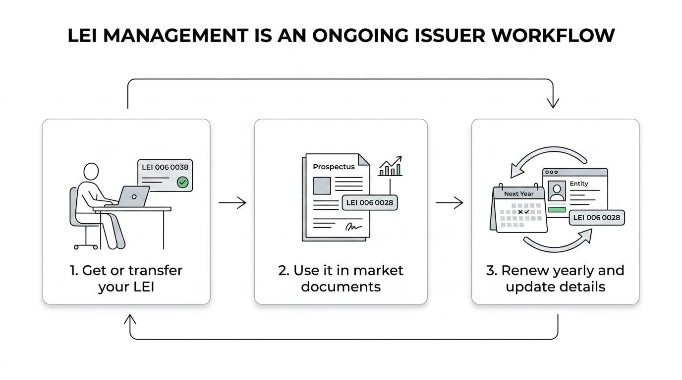 Diagram showing LEI steps for an Irish issuer: apply or transfer, validation, LEI issuance, yearly renewal, and data updates.