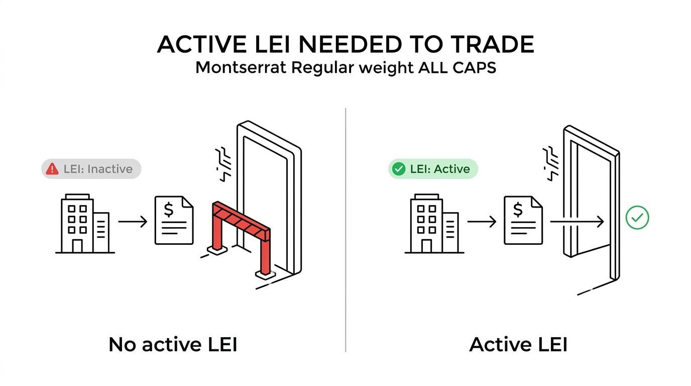 Side-by-side comparison of a legal entity with an active LEI able to trade and report under MiFID II versus a missing, invalid, or lapsed LEI causing trade refusal and reporting issues.
