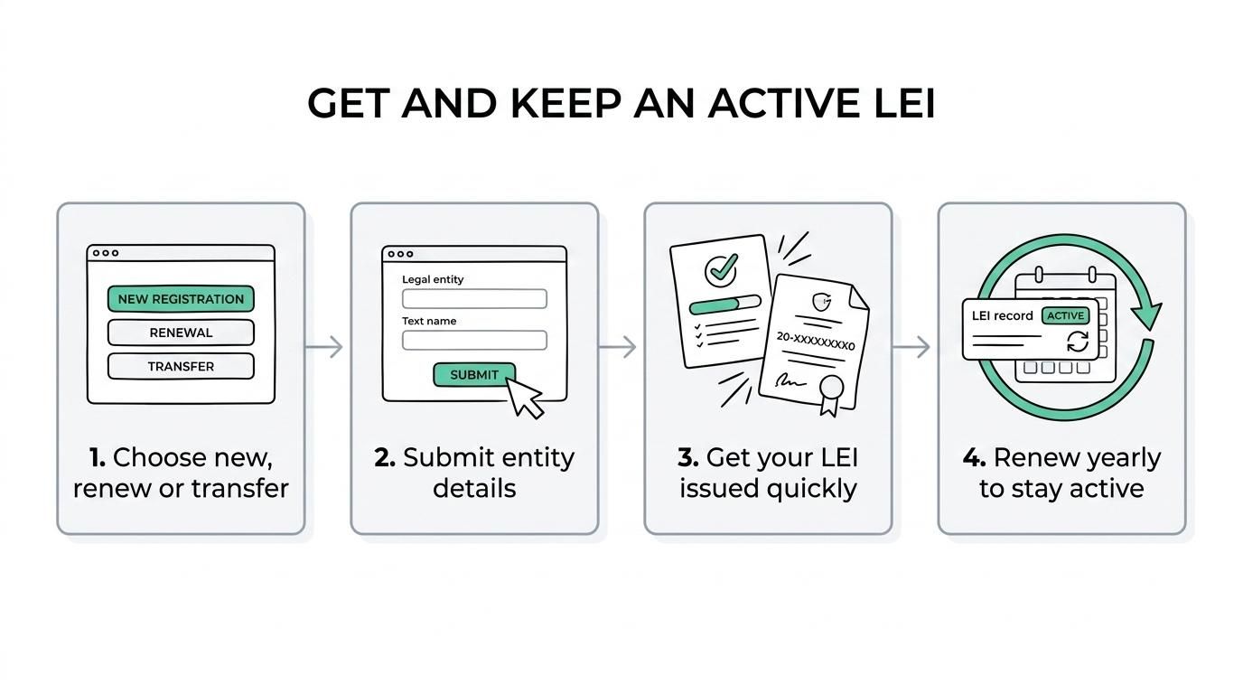 Flow showing LEI Service steps for Irish insurance firms: choose registration, renewal, or transfer, submit entity details, receive issued or renewed LEI with support.