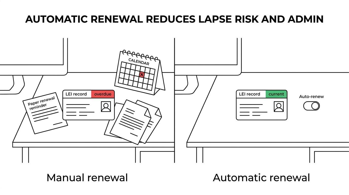 Side-by-side visual comparing manual annual LEI renewal with automatic multi-year renewal for an Irish legal entity.