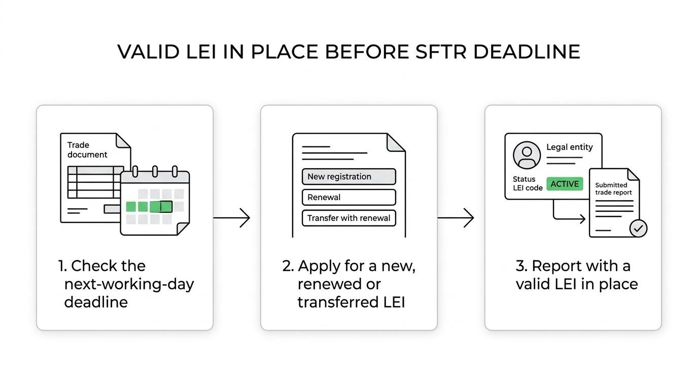 Timeline showing an SFT event, LEI registration or renewal, and next-working-day SFTR reporting submission.