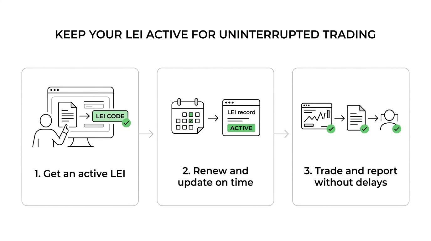 Flow showing treasury activity triggering an LEI need, followed by application, issuance, annual renewal, data updates and transfer support.