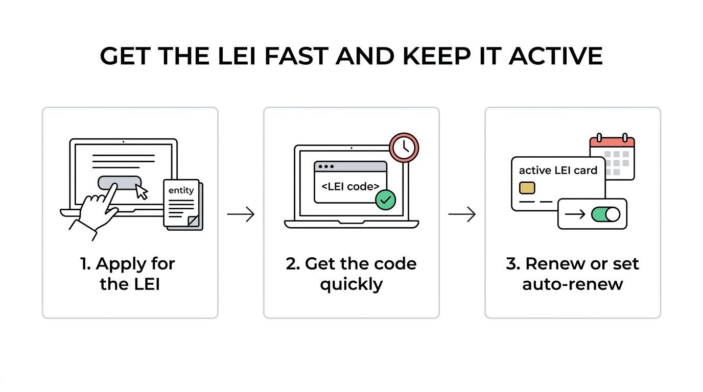 Process graphic showing an Irish securitisation vehicle needing an LEI for issuance or reporting, getting it quickly through LEI Service, and keeping it active through renewal or transfer.