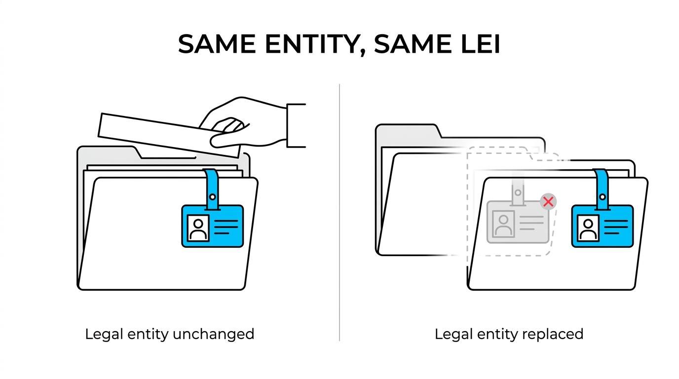 Side-by-side comparison of LEI outcomes for a legal name change versus a merger or new legal entity.