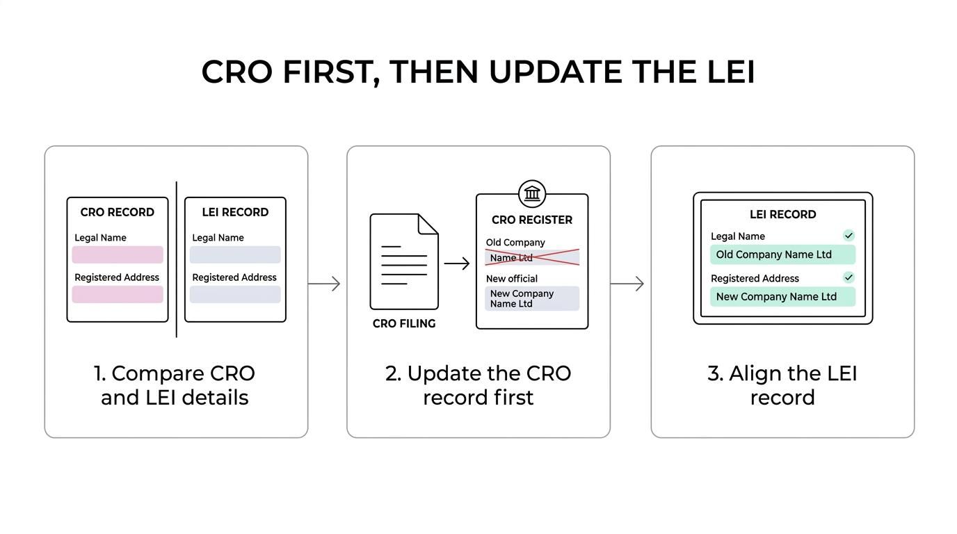 Flowchart showing how to resolve an LEI and CRO mismatch by checking both records, confirming which one is current, updating the CRO first if needed, and then correcting the LEI record.