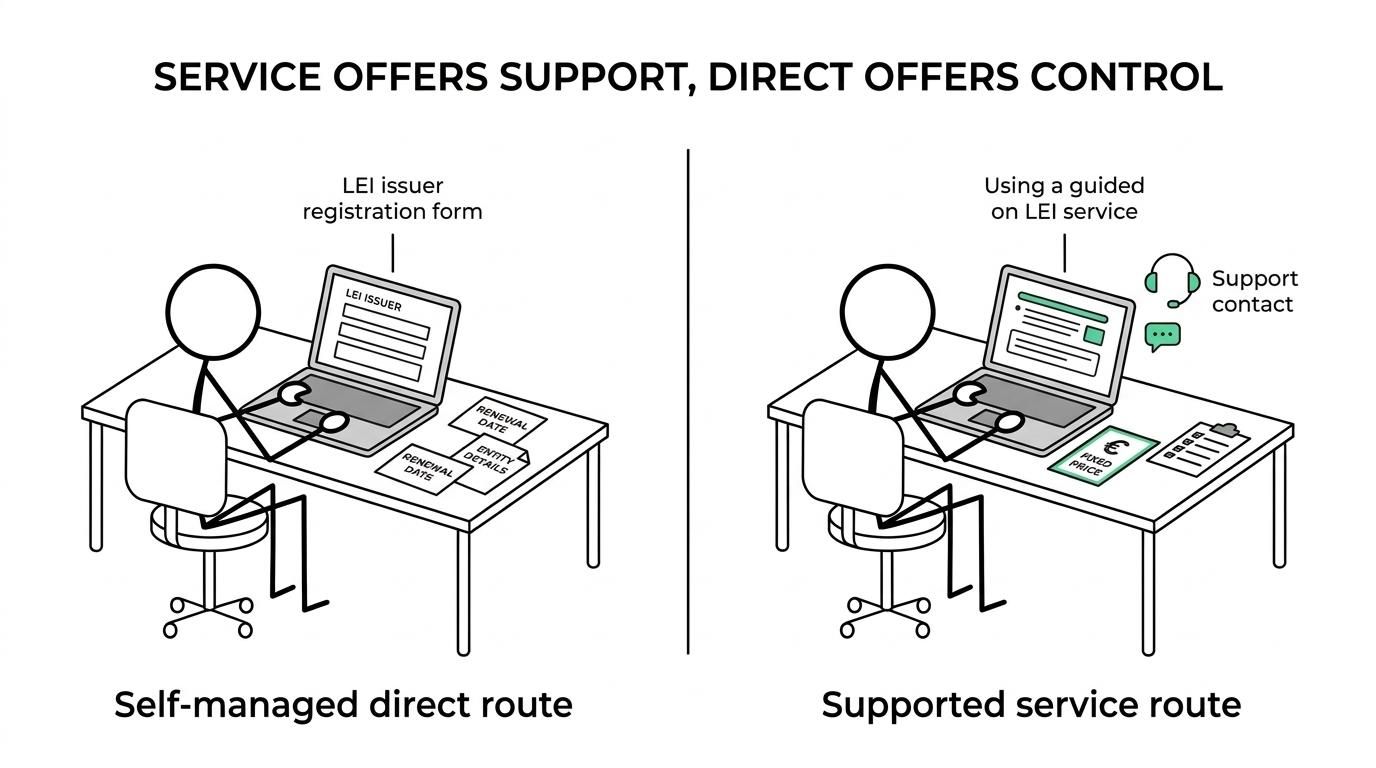 Side-by-side comparison of a registration-agent LEI route and a direct issuer LEI route for an Irish pension scheme, highlighting support, pricing clarity, control, and admin workload.