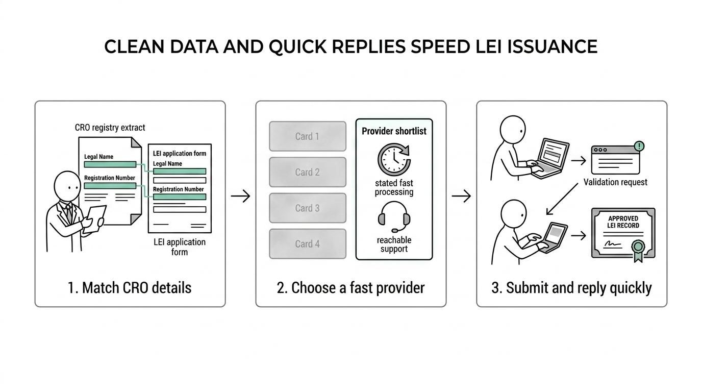 Three-step flow showing how an Irish company gets an LEI quickly: match CRO data, choose a provider with published timing and support, and respond fast to validation queries.