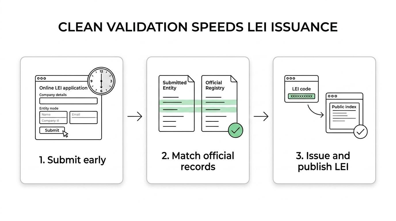Flow diagram showing a short LEI application, official registry validation, LEI issuance, public GLEIF index publication, and readiness for trading or reporting.