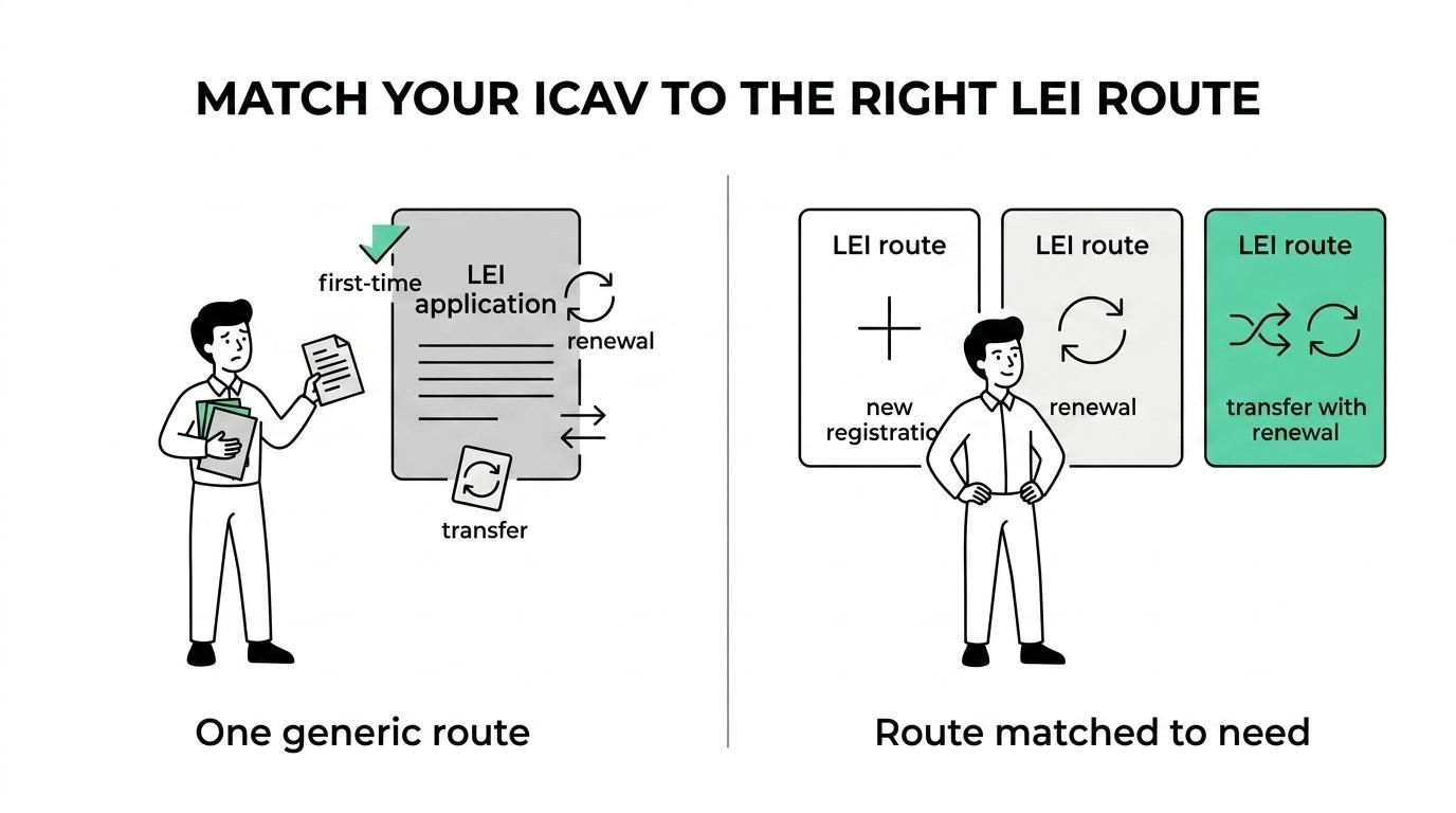 Side-by-side comparison of new LEI registration, LEI renewal, and transfer with renewal for Irish ICAVs.