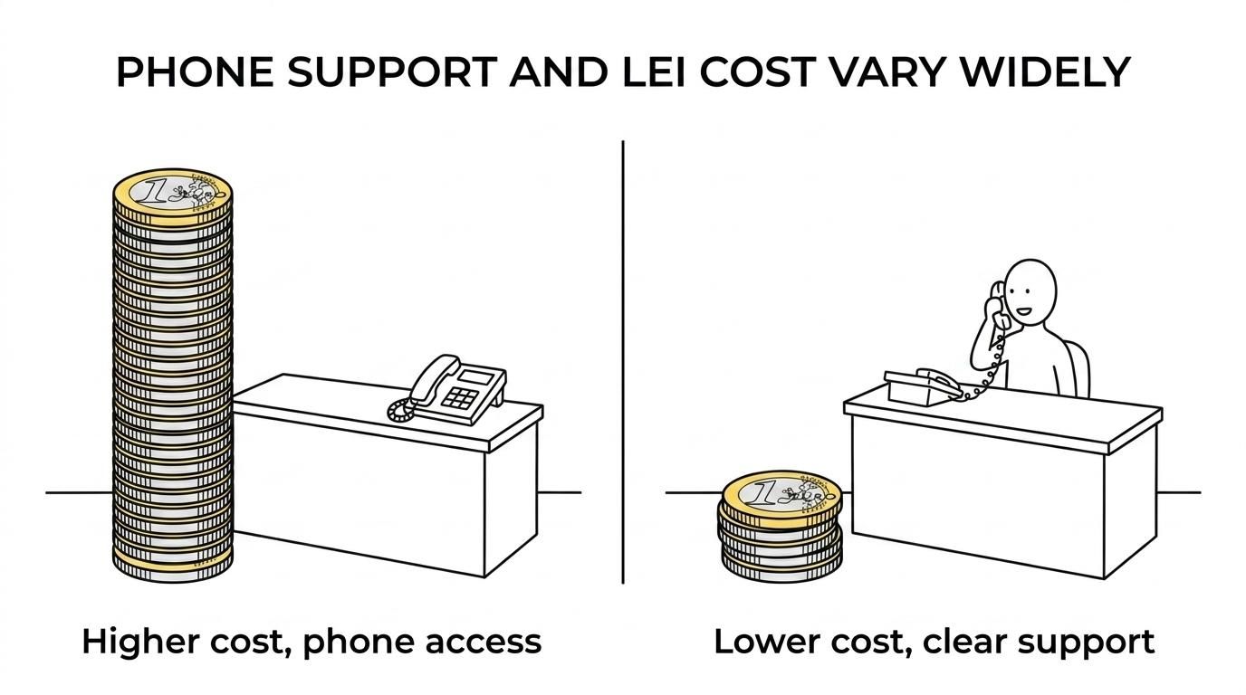 Side-by-side comparison of LEI Service Ireland and Euronext Dublin showing phone support details, prices, and support scope for Irish LEI buyers.