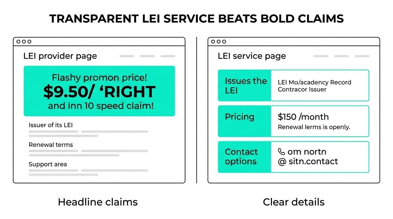 Side-by-side comparison of a transparent LEI provider and a risky LEI provider across issuer disclosure, pricing, support, speed, and renewal terms.