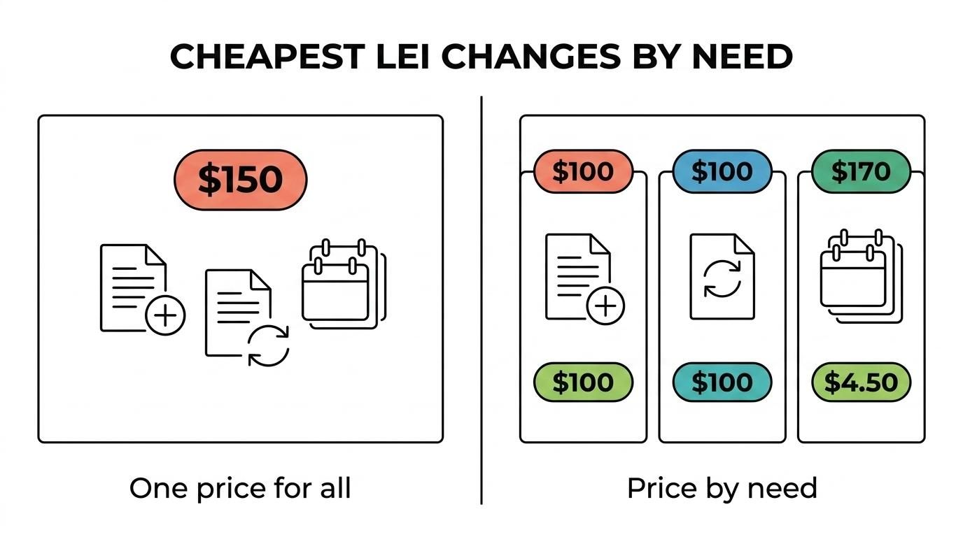 Side-by-side comparison showing the cheapest Irish LEI option for new registration, one-year renewal, and lower annual cost over multi-year terms.