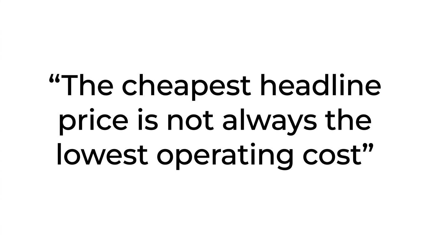 Highlighted quote stating that the cheapest headline price is not always the lowest operating cost.