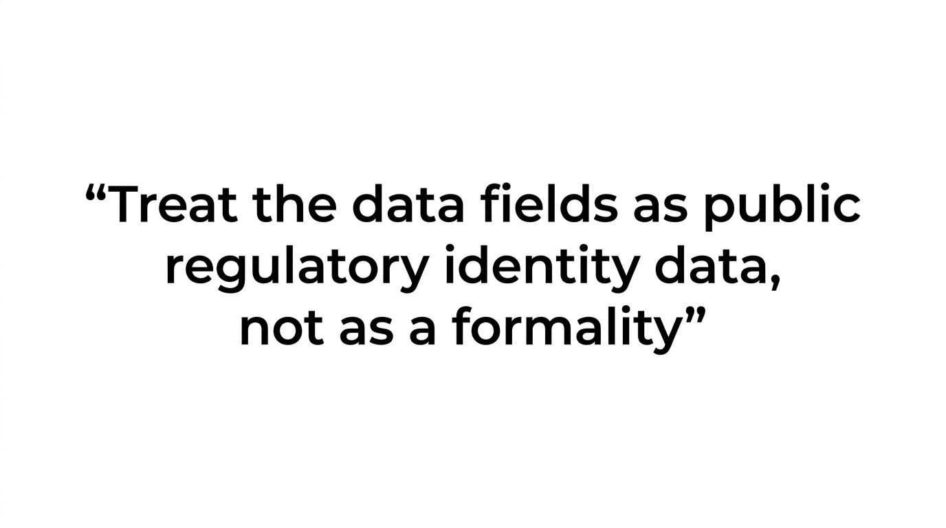 Highlighted quote stating that LEI data fields should be treated as public regulatory identity data, not a formality.