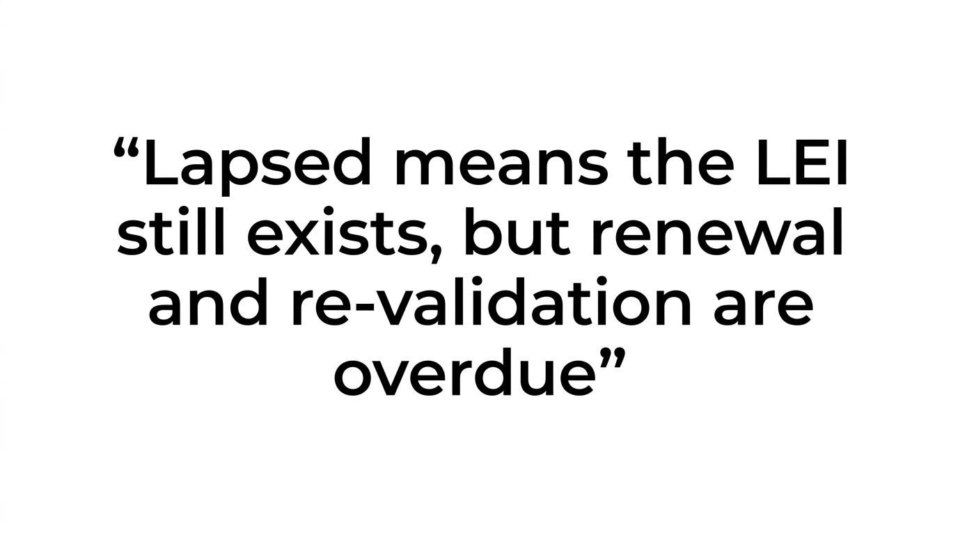 Quote highlight stating that lapsed means overdue renewal and re-validation, not that the LEI has disappeared.